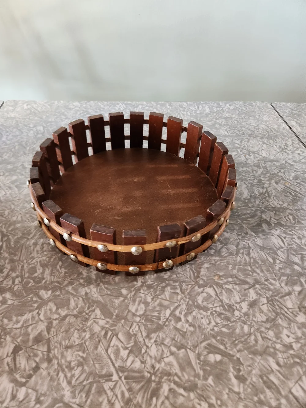 Vintage Source Unknown Red Enamel Nut Bowl with Wooden Rim and Metal Picks